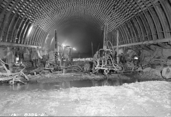 Downsville Dam diversion tunnel looking east as blasting through rock was occurring in December 1948. (Colchester Historical Society)